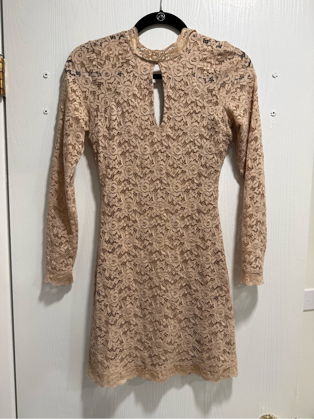 bebe Beige Lace Long-Sleeve Mini Dress